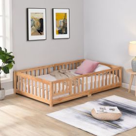 Full Size Floor Bed with Door, Solid Wood Platform Bed Frame with Fence , Suitable for children , Pine Wood , Natural