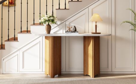 TREXM Narrow Console Table, Entryway Table with Oval Marble Top, Rustic Sofa Table with Curved Legs