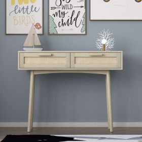 Console Table with 2 Drawers Rattan Entryway Table with Storage Narrow Accent Sofa Table Behind Couch Table for Hallway, Entryway