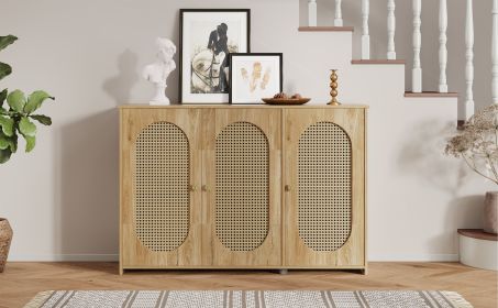 TREXM Retro 3-Door Sideboard with Large Storage Space Artificial Rattan Doors and Metal Handles