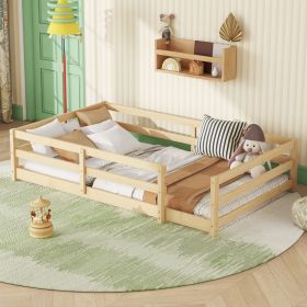 Twin Size Floor Bed, Montessori Floor Bed with Fence, Kids Montessori Bed Twin Size, Wood Montessori Floor Bed for Kids, Girls, Boys (NATURAL)