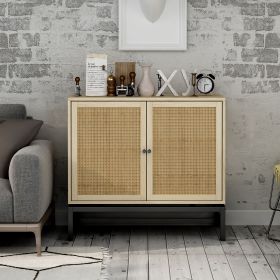 Natural Rattan 2-Door Accent Storage Cabinet with Adjustable Shelf and Painted Iron Feet (Color: natural)