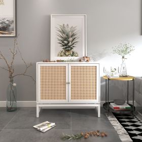 Natural Rattan 2-Door Accent Storage Cabinet with Adjustable Shelf and Painted Iron Feet (Color: White)