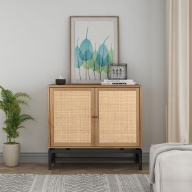 Natural Rattan 2-Door Accent Storage Cabinet with Adjustable Shelf and Painted Iron Feet (Color: Walnut)