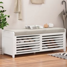 Distressed Shutter Storage Bench with Acacia Veneer for Retro Charm for Living Room,Entryway (Color: White, Material: MDF)