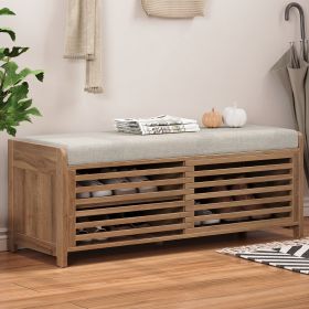 Distressed Shutter Storage Bench with Acacia Veneer for Retro Charm for Living Room,Entryway (Color: White Washed, Material: MDF)