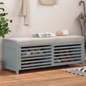 Distressed Shutter Storage Bench with Acacia Veneer for Retro Charm for Living Room,Entryway (Color: Grey, Material: MDF)