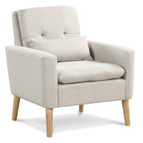 Comfy Modern Accent Chair with Lumbar Pillow and Natural Rubber Wood Legs (Color: Beige)