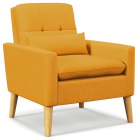 Comfy Modern Accent Chair with Lumbar Pillow and Natural Rubber Wood Legs (Color: Yellow)